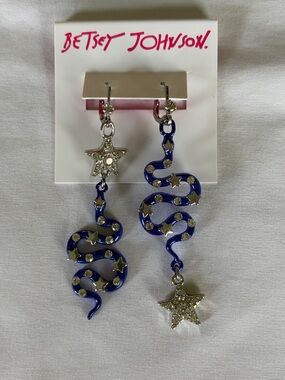 Betsey Johnson Blue Enamel Star & Snake Drop Earrings NWT